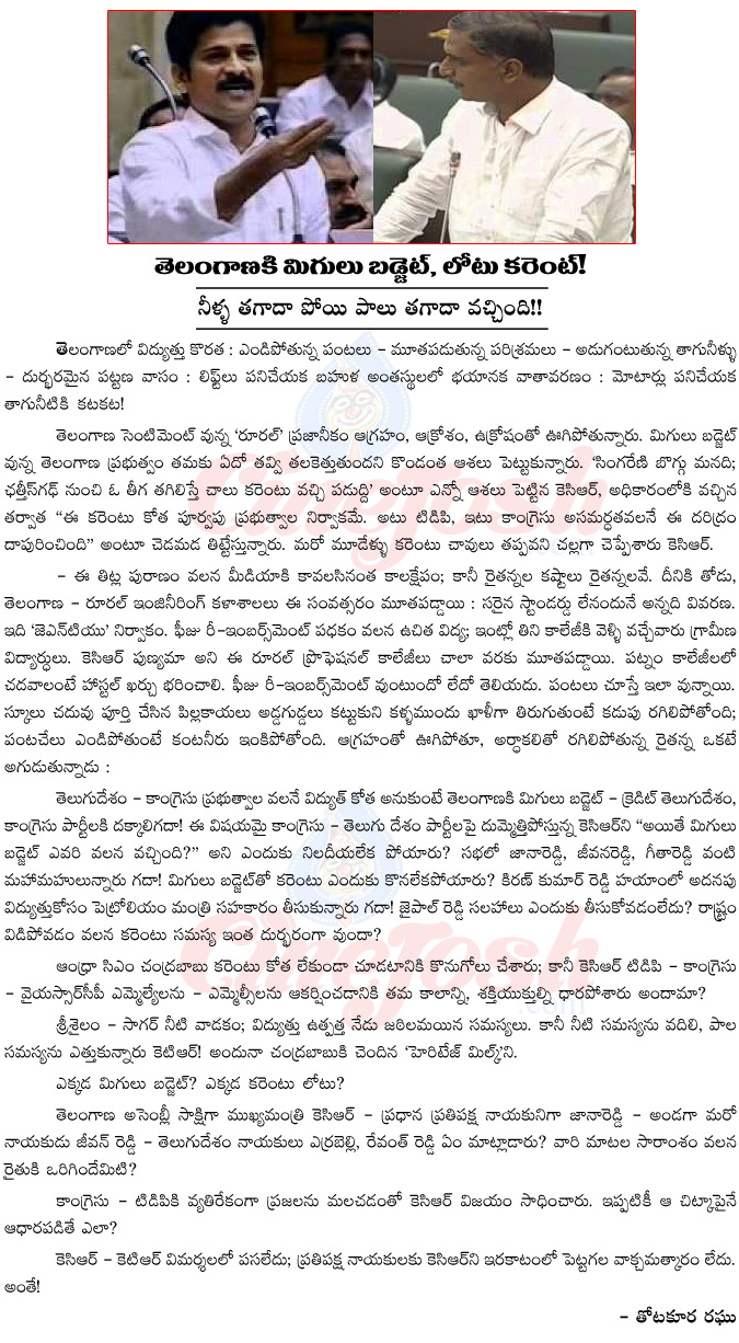 telangana assembly meets,trs party,tdp,trs vs tdp,revanth reddy,water problems,current problems,heritage milk issue highlights in telangana assembly,kcr,kavitha,sarve,harish rao  telangana assembly meets, trs party, tdp, trs vs tdp, revanth reddy, water problems, current problems, heritage milk issue highlights in telangana assembly, kcr, kavitha, sarve, harish rao